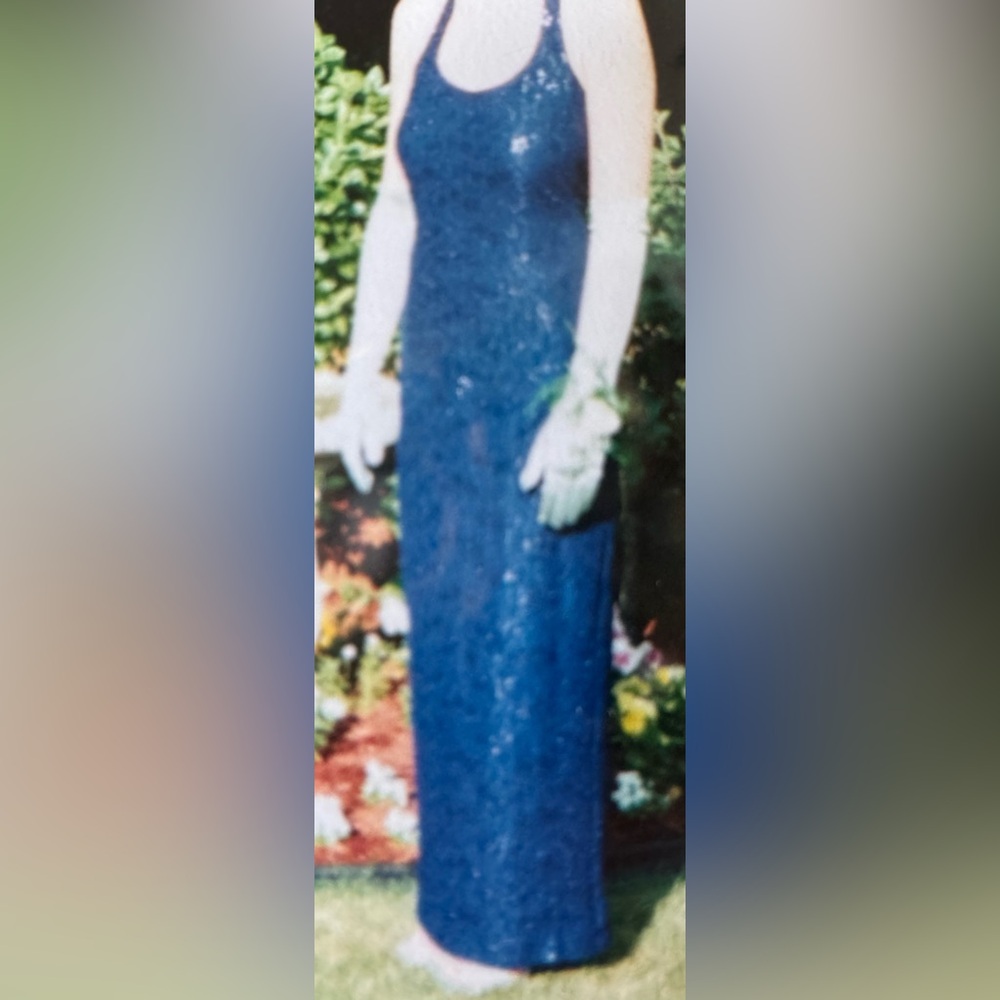 Roberta Navy Blue Lace Gown EUC Floral Halter Open Back Formal Evening Prom Maxi